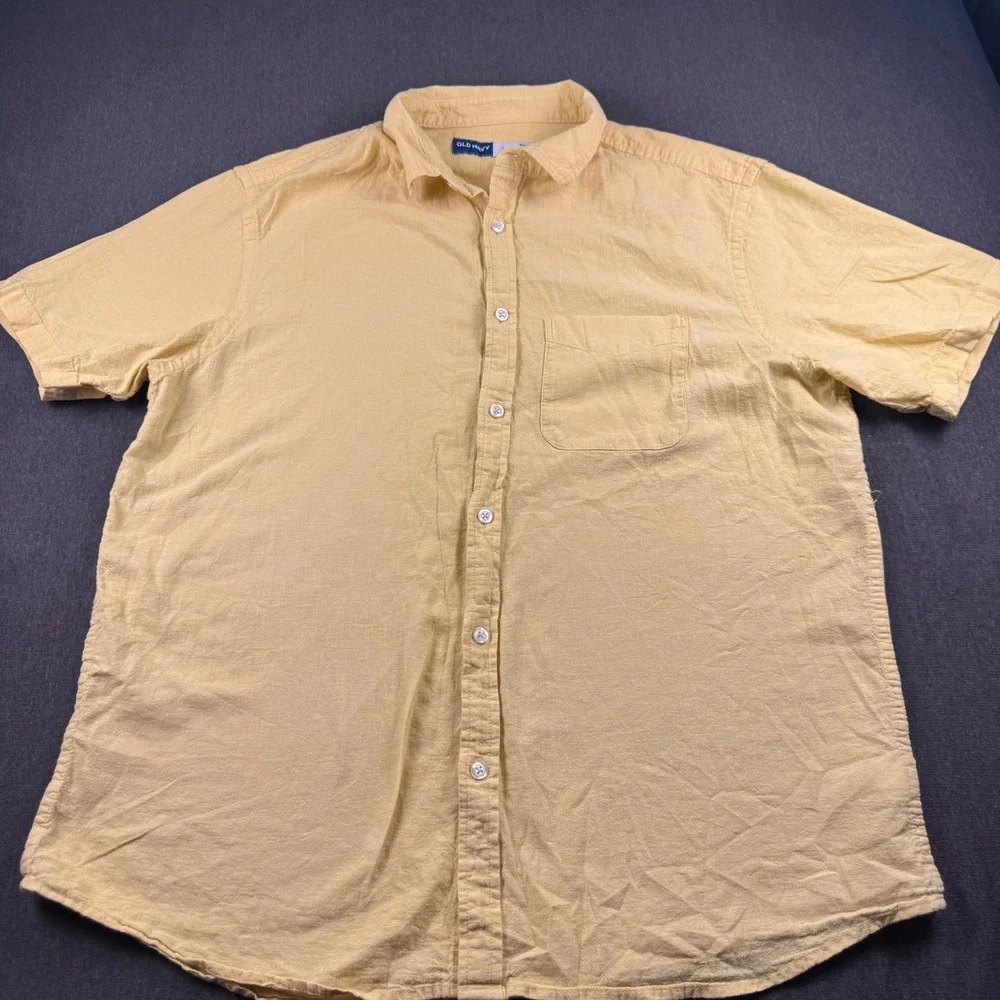 Old Navy Mens Everyday Shirt‎ Regular Fit Linen Blend Short Sleeve Yellow Large